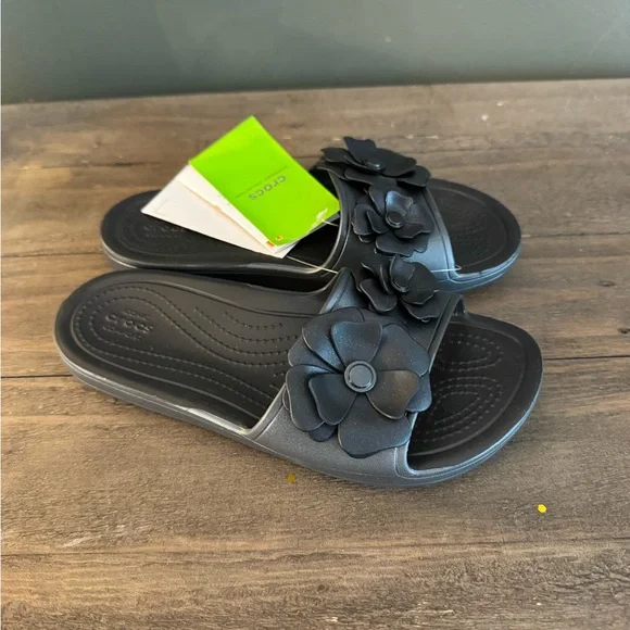 CROCS Black Floral Slide Sandals with Layered Flower Accents - Picture 2 of 4